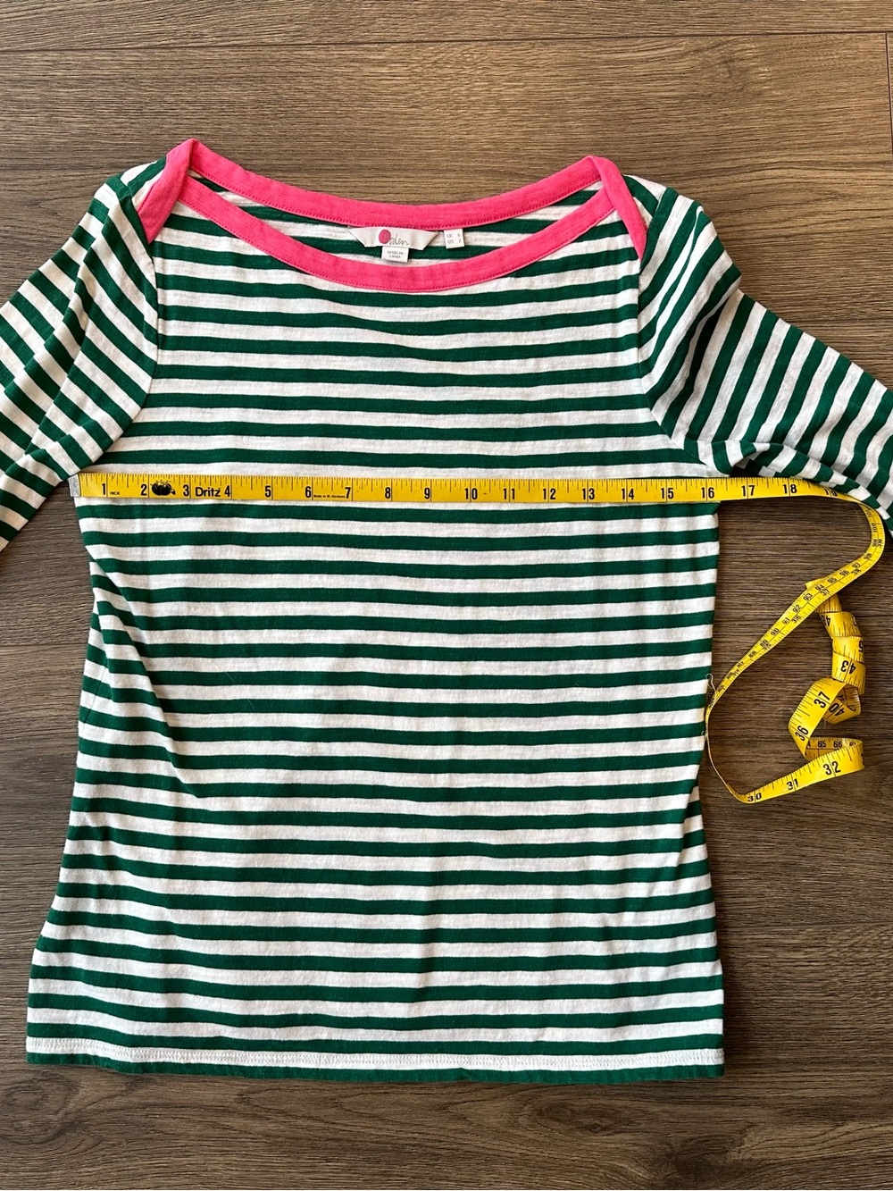 Boden Green & White Striped Long Sleeve Tee with Pink Neckline